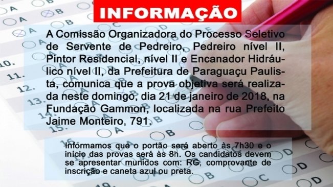 Prefeitura realiza prova objetiva do Processo Seletivo neste domingo, 21