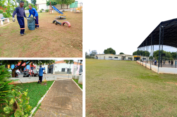 Prefeitura faz limpeza e manutenção na praça da Vila Marin e na área externa da biblioteca, do museu e do CCI