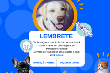 Neste sábado, dia 24 de junho, tem vacinação contra a raiva em cães e gatos em Paraguaçu Paulista