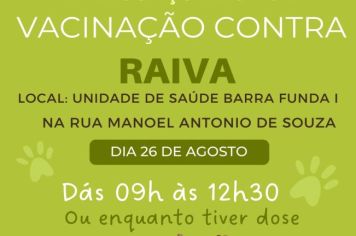 Sábado tem vacinação contra a raiva na Unidade de Saúde Barra Funda I