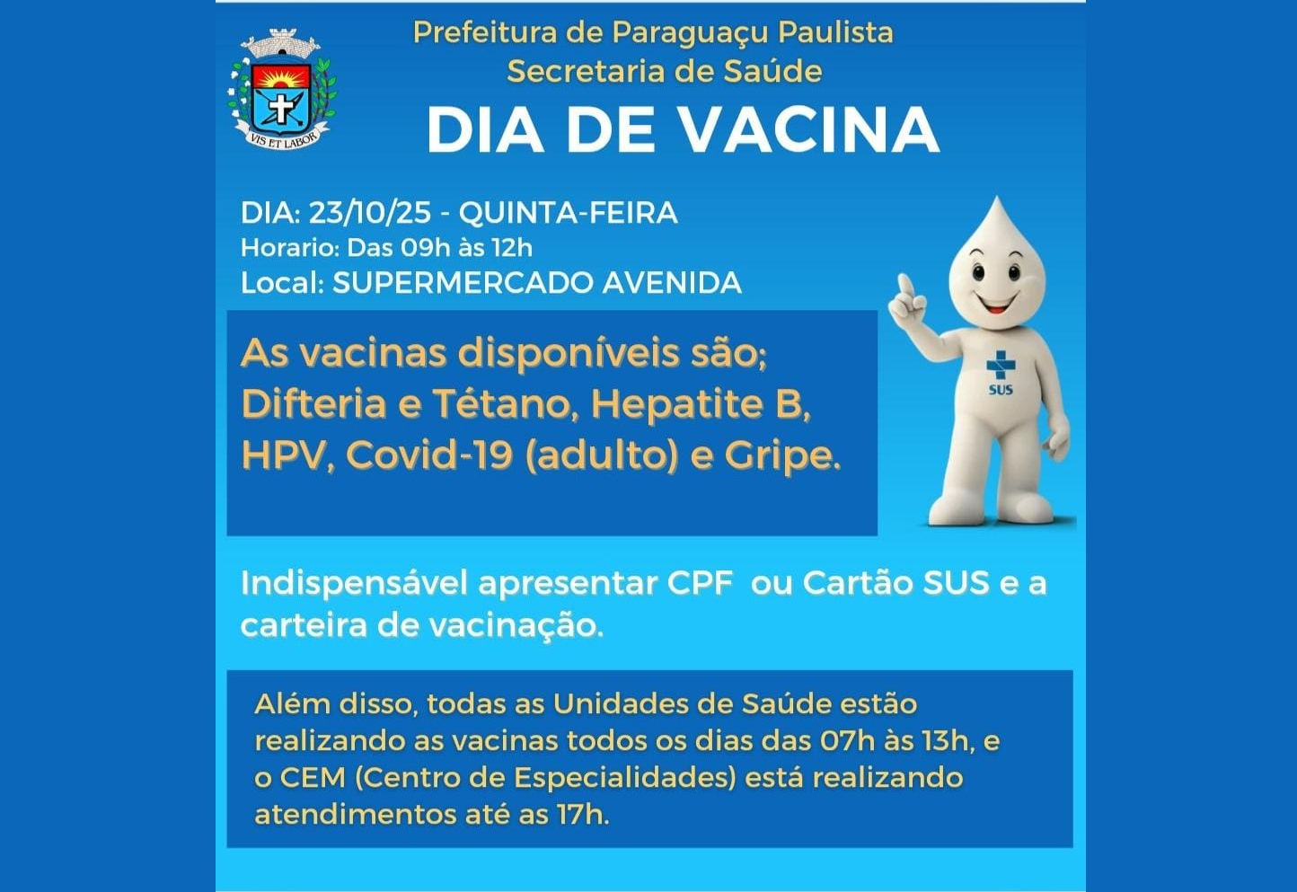 Vacinação vai até você! Nesta quinta tem ação especial no Supermercado Avenida
