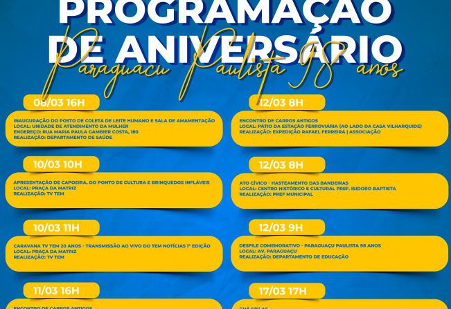Confira a programação de aniversário de Paraguaçu Paulista