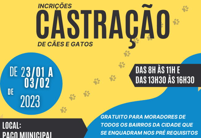 Prefeitura abrirá inscrições para a castração de cães e gatos 2023.