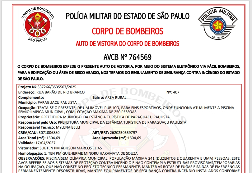 Prefeitura garante segurança na Piscina Pública com emissão de AVCB válido até 2027