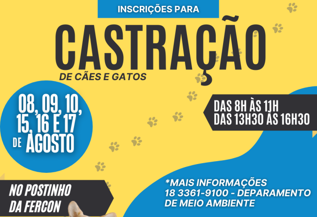 Prefeitura abrirá inscrições para castração de cães e gatos.