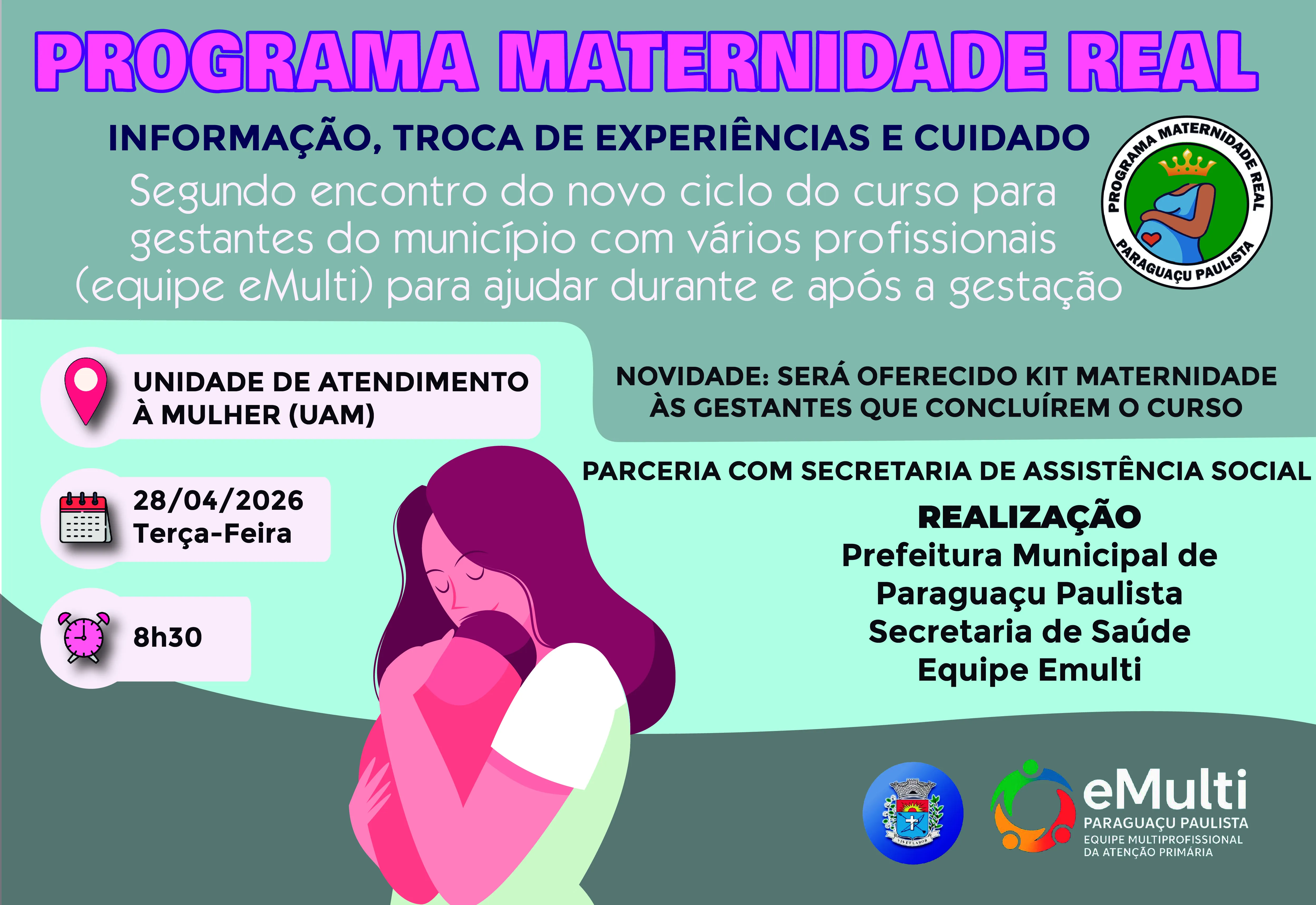 Segundo encontro do curso para gestantes de Paraguaçu Paulista será realizado amanhã (28) na Unidade da Mulher