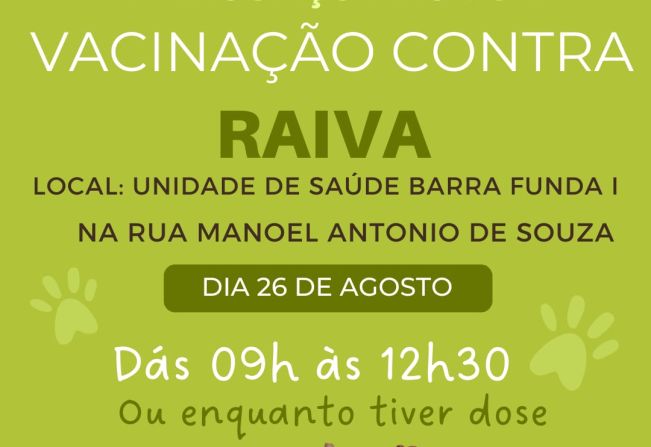 Sábado tem vacinação contra a raiva na Unidade de Saúde Barra Funda I