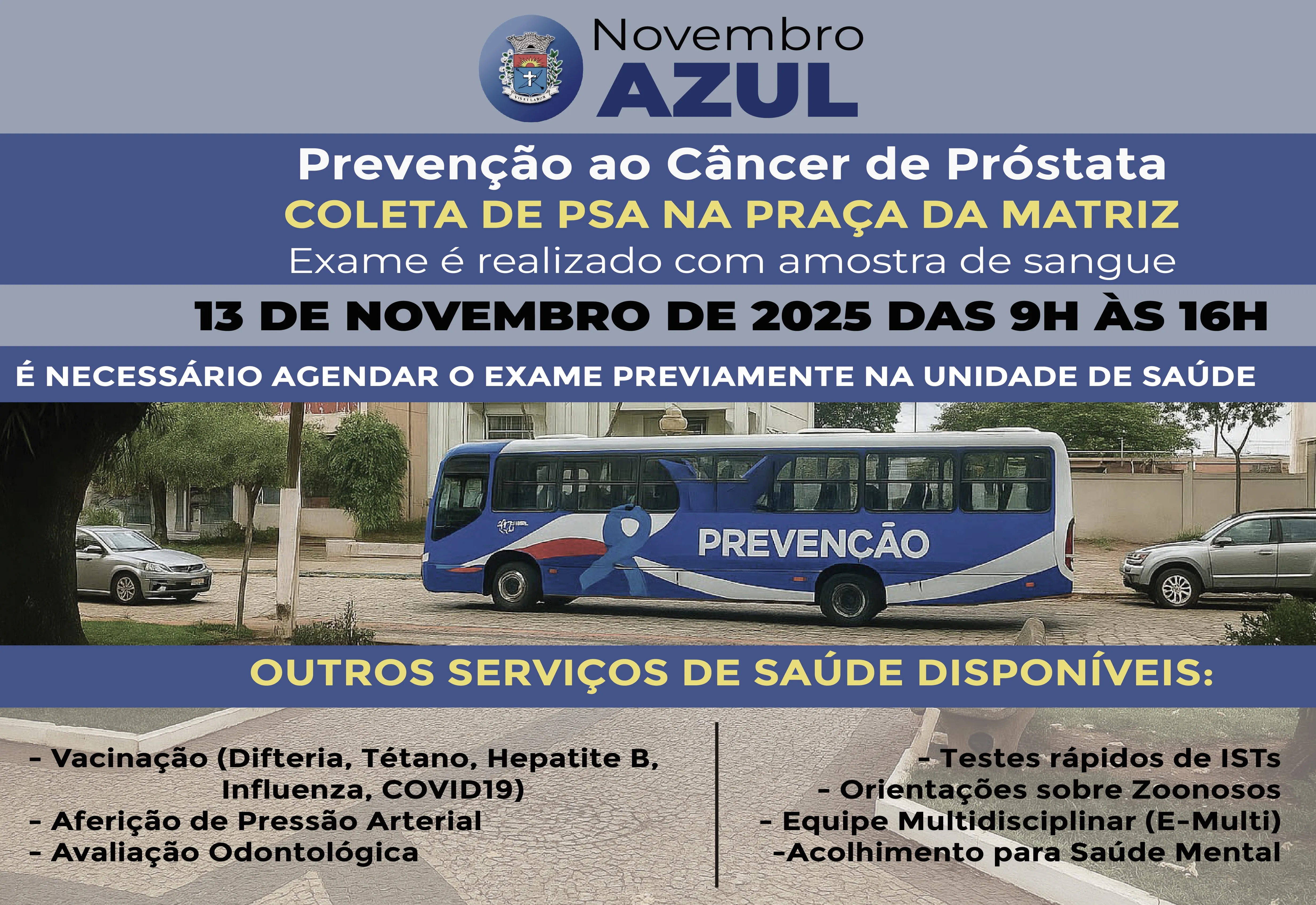 Secretaria de Saúde disponibilizará diversos serviços ao lado da Praça da Matriz dia 13 de novembro