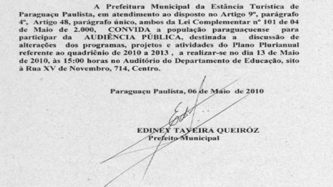 Prefeitura convida população para Audiência Pública