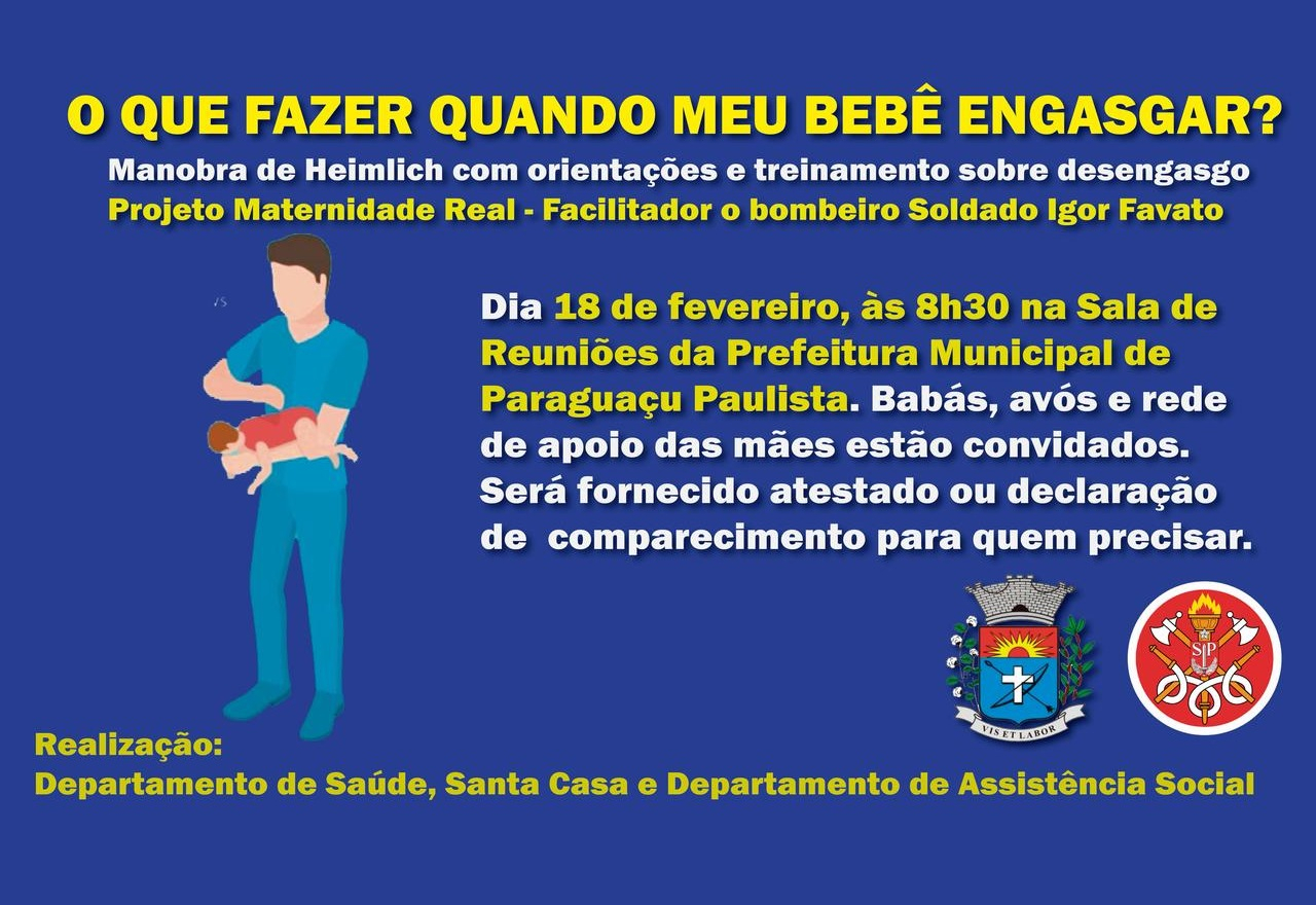 Treinamento com bombeiro ensinará manobra para desengasgar bebês em Paraguaçu Paulista